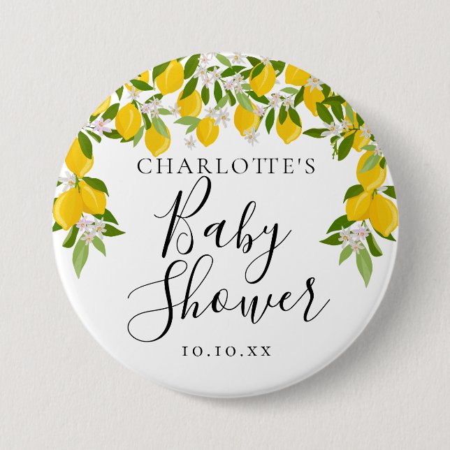 Badge Rond 7,6 Cm Fête de Bébé à la Végétation de Citrons en Fleurs (Devant)