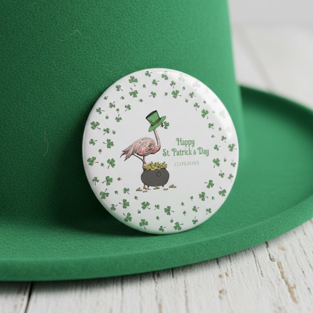 Badge Rond 7,6 Cm Fête de la Saint-Patrick Flamingo Trèfle Irlandais (St Patrick's Day Party Pins. Funny  Irish Pink Flamingo & Green Leprechaun Hat, Shamrock Border)