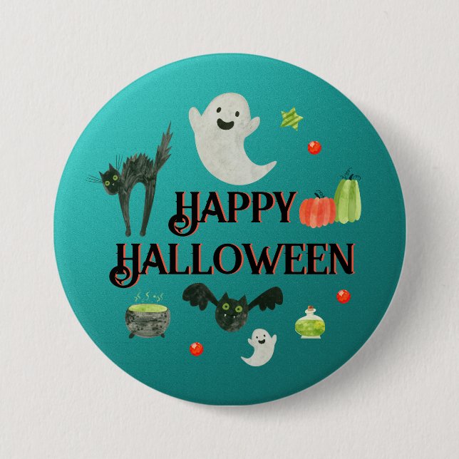 Badge Rond 7,6 Cm Fête d'Halloween Turquoise et vert (Devant)