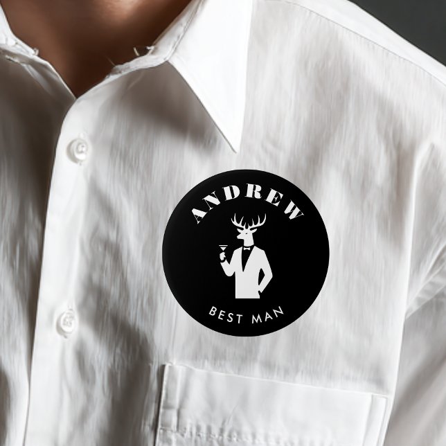 Badge Rond 7,6 Cm Fête Stag moderne Black Bachelor Party Nom personn (Créateur téléchargé)