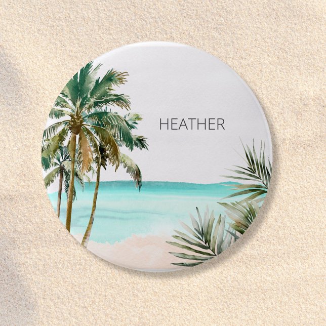 Badge Rond 7,6 Cm Feuilles de palmier tropicales monogrammées Plage  (Close up)