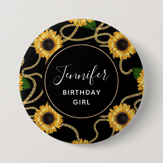 Badge Rond 7,6 Cm Fille d'anniversaire Classy Yellow Sunflowers Moti (Devant)