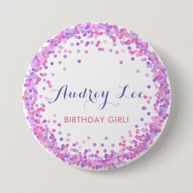 Badge Rond 7,6 Cm Fille d'anniversaire de confetti rose et violet (Devant)