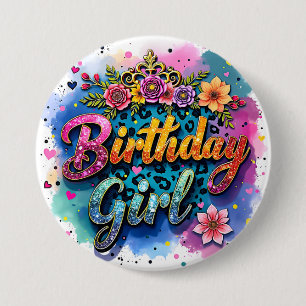 Badge Rond 7,6 Cm Fille d'anniversaire léopard floral