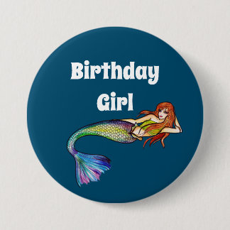 Badge Rond 7,6 Cm Fille d'anniversaire Sirène arc-en-ciel avec cheve