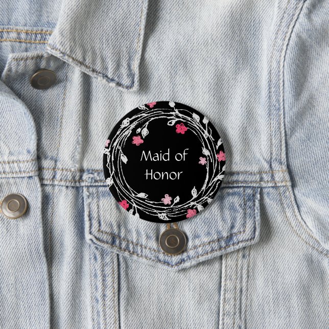 Badge Rond 7,6 Cm Fille d'honneur noire blanche rose rose rose (En situation)