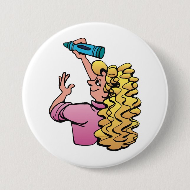 Badge Rond 7,6 Cm Fille enjouée avec crayon (Devant)