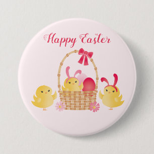 Badge Rond 7,6 Cm Fille Joyeux Poussins de Pâques rose