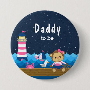 Badge Rond 7,6 Cm Fille Nautique Singe Rose et Navy Papa à Venir