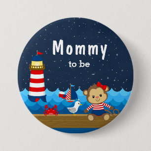 Badge Rond 7,6 Cm Fille nautique singe rouge et marine Maman à venir