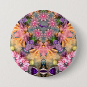 Badge Rond 7,6 Cm FIONA ~ Teintes Jaune, Violet, Rose, Bleu ~