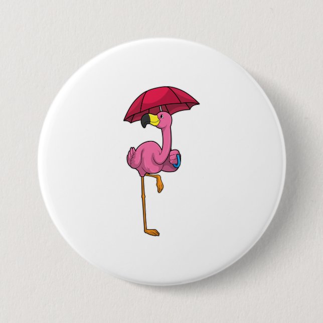 Badge Rond 7,6 Cm Flamant rose à la pluie avec parapluie (Devant)