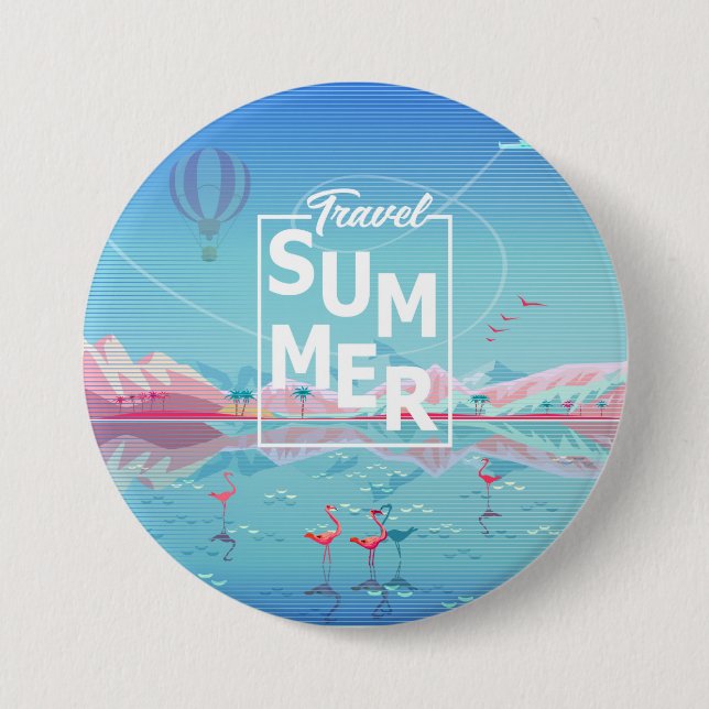 Badge Rond 7,6 Cm Flamant rose Magic Travel Été Tropical Sea Beach (Devant)