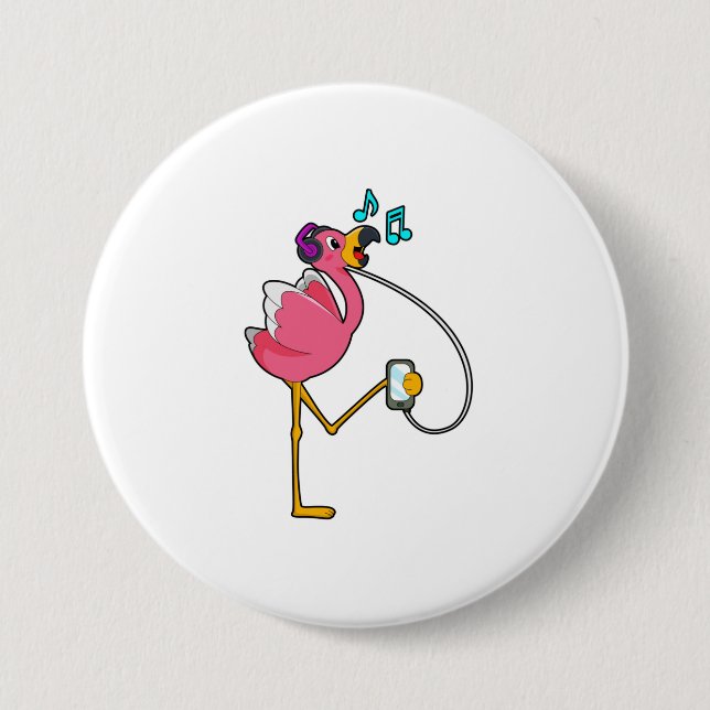Badge Rond 7,6 Cm Flamingo at Music with Headphone (Devant)