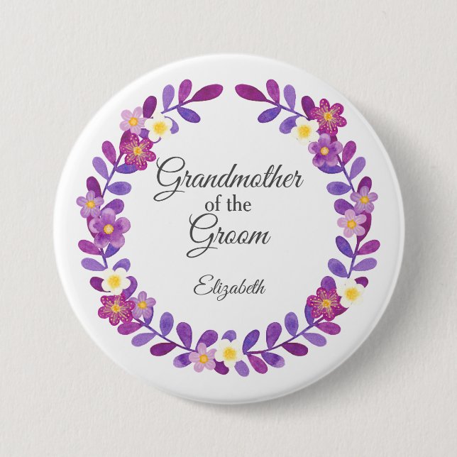 Badge Rond 7,6 Cm Fleur de grand-mère du marié violet / violet (Devant)