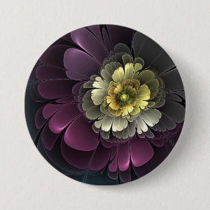 Badge Rond 7,6 Cm Fleur fractale grise de khaki pourpre moderne abst