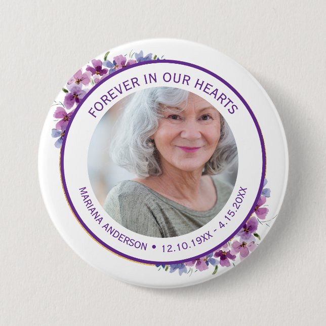 Badge Rond 7,6 Cm Fleur moderne violette À jamais dans nos cœurs  (Devant)