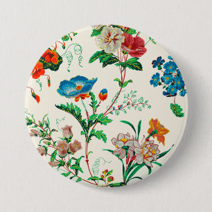 Badge Rond 7,6 Cm Fleurs bleues et rouges Motif vintage