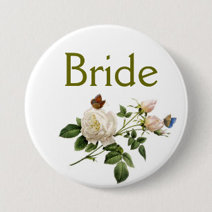 Badge Rond 7,6 Cm fleurs de rose blanche vintage mariée ou marié