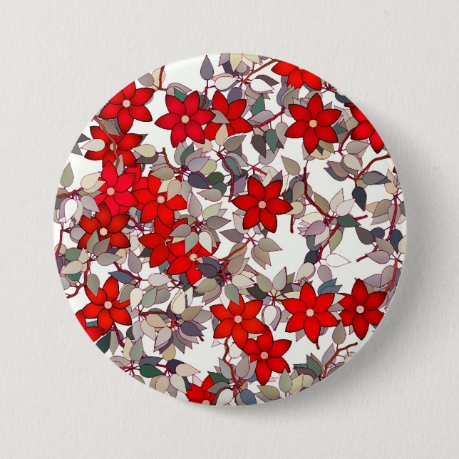 Badge Rond 7,6 Cm Fleurs rouges et feuilles gris argenté (Devant)