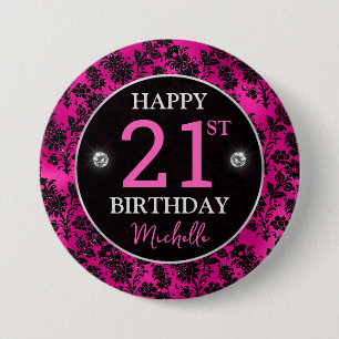 Badge Rond 7,6 Cm Fleurs scintillantes rose chaud et noir pour anniv