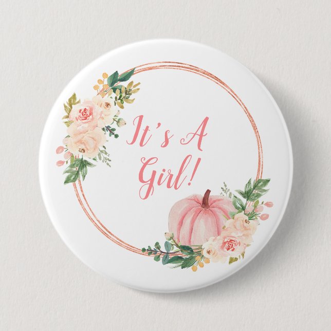 Badge Rond 7,6 Cm Floral Blush rose Citrouille C'est une fille (Devant)