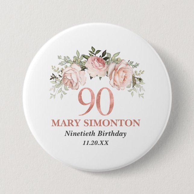 Badge Rond 7,6 Cm Floral or rose pâle 90e anniversaire (Devant)
