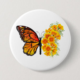 Badge Rond 7,6 Cm Flower Butterfly with Yellow California Poppy