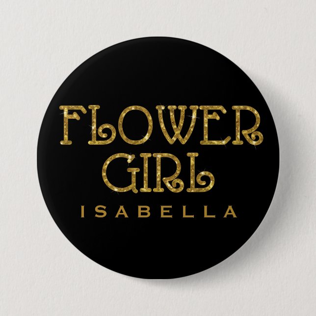 Badge Rond 7,6 Cm Flower Girl Gold Faux Nom de la Parties scintillan (Devant)