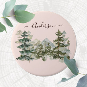 Badge Rond 7,6 Cm Forêt de pins et montagne rustique à l'aquarelle