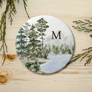 Badge Rond 7,6 Cm Forêt de pins verts et lac monogrammés
