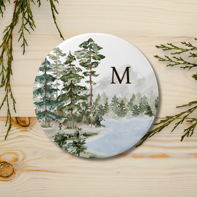 Badge Rond 7,6 Cm Forêt de pins verts et lac monogrammés (In situ)