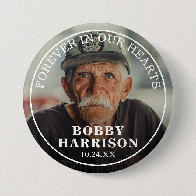 Badge Rond 7,6 Cm Funérailles pour toujours dans nos coeurs | Photo  (Devant)