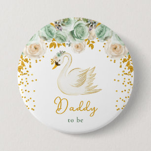 Badge Rond 7,6 Cm Futur Papa Roses Vert Sauge et Or Cygne