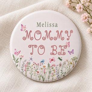 Badge Rond 7,6 Cm Future Maman Rose Fleur Sauvage Papillon Baby Show