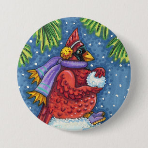 BADGE ROND 7,6 CM GARDE CARDINAL SNOWMAN, CUTE NOËL REDBIRD