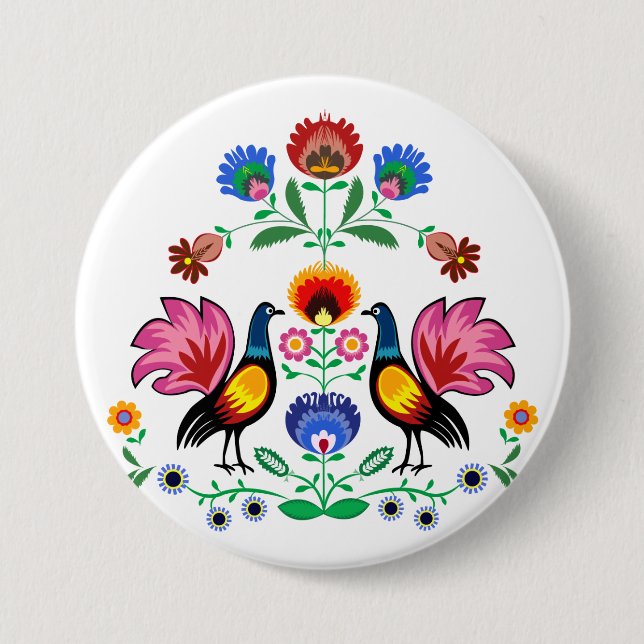 Badge Rond 7,6 Cm Gens polonais avec floral décoratif et des jeunes (Devant)