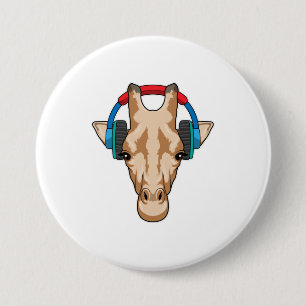 Badge Rond 7,6 Cm Girafe at Music with Headphone