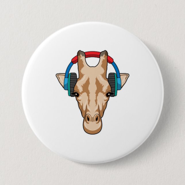 Badge Rond 7,6 Cm Girafe at Music with Headphone (Devant)