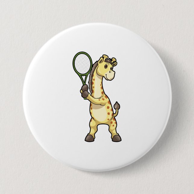 Badge Rond 7,6 Cm Girafe au Tennis avec raquette de tennis (Devant)