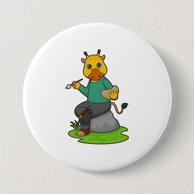 Badge Rond 7,6 Cm Giraffe en peintre avec pinceau (Devant)
