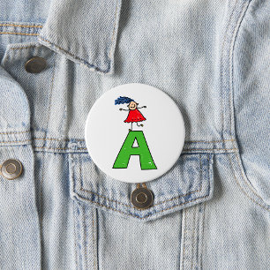 Badge Rond 7,6 Cm Girl Dancing on Green Letter A Fun Alphabet