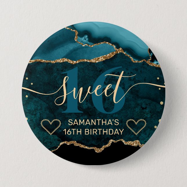 Badge Rond 7,6 Cm Glitter Agate Marbre sarcelle et or Douce 16  (Devant)