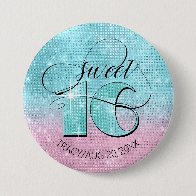 Badge Rond 7,6 Cm Glitter and Shine Sweet 16 Teal/Pink ID675 (Devant)