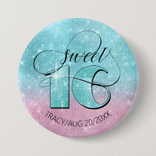 Badge Rond 7,6 Cm Glitter and Shine Sweet 16 Teal/Pink ID675