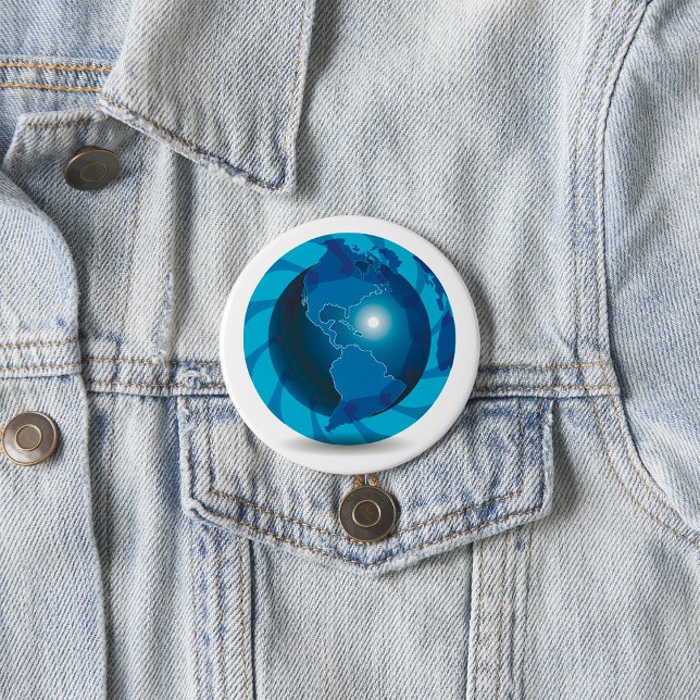 Badge Rond 7,6 Cm Globe terrestre moderne bleu carte du monde (Créateur téléchargé)