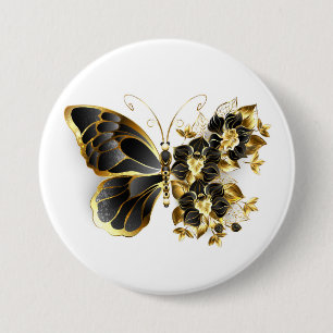 Badge Rond 7,6 Cm Gold flower Butterfly with Black Orchid