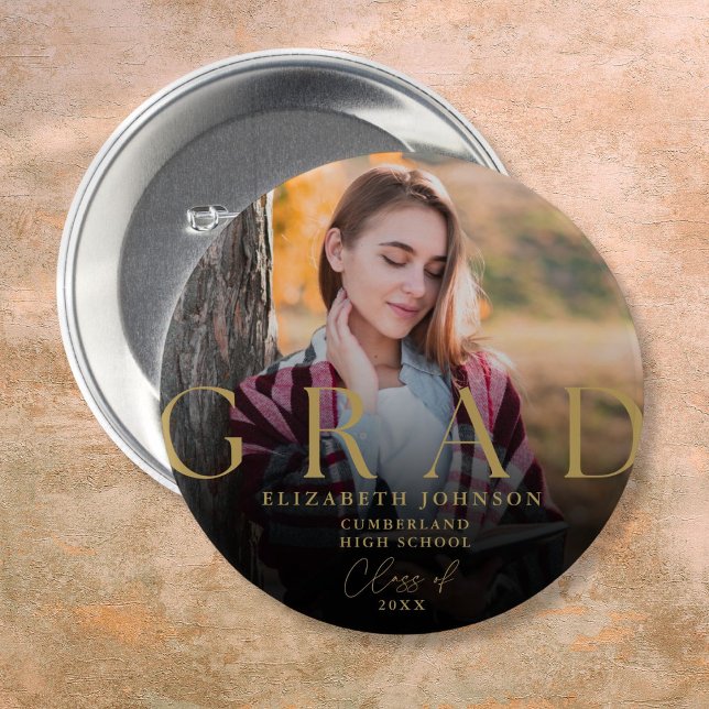 Badge Rond 7,6 Cm Gold Graduation Moderne Elégant Photo Grad Bouton (Gold Graduation Modern Elegant Photo Grad Button)