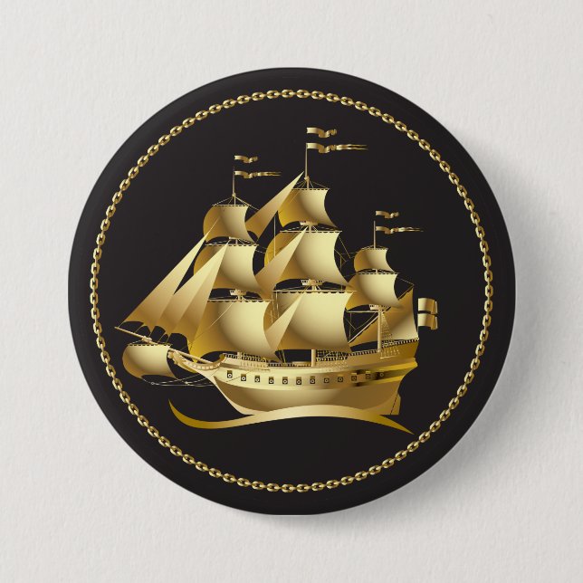 Badge Rond 7,6 Cm Gold Sailboat Nautical (Devant)