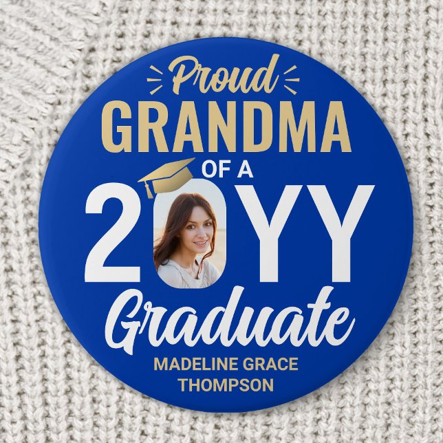 Badge Rond 7,6 Cm Graduate Photo Proud Grandma Royal Blue and Gold (Créateur téléchargé)